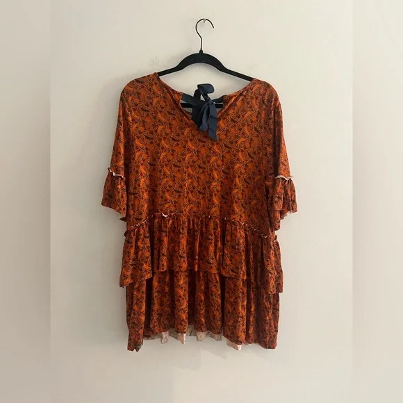 Matilda Jane Floral Tiered Babydoll Top Large Burnt Orange Tie Back - Picture 4 of 4